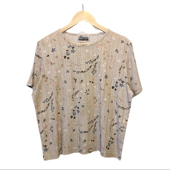 Vintage Tops - Vintage Cottagecore Neutral Floral Pointelle Tee Northern Reflections Size XL
